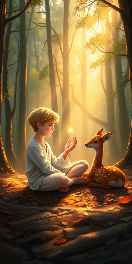 A luminous digital painting of a serene forest scene featuring a barefoot young male, about 7 years old, with Yellow hair and fair skin, dressed in a simple white outfit. He sits cross-legged on the forest floor, gazing at a small, glowing, magical firefly in his hand. Beside him, a delicate spotted deer lies calmly on a bed of dried leaves, observing the scene. The dense forest is bathed in warm, golden light filtering through the trees, creating a peaceful, magical atmosphere with a blend of natural and mystical elements.
