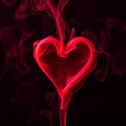 A vivid heart shape made of red smoke and wisps of fog on a dark background, captured with a DSLR camera at f/1.8 aperture, ISO 100, 1/60 shutter speed, using a macro lens to enhance details and a soft focus effect for a dreamy ambiance.