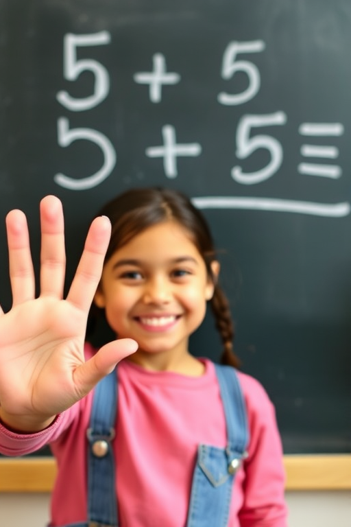 Create an image of a cheerful young girl smiling and showing ten fingers in front of a chalkboard with the equation 5+5= written on it, captured with a DSLR camera at f/2.8 aperture, 50mm lens, ISO 100, 1/200 sec shutter speed, shallow depth of field to blur the background.