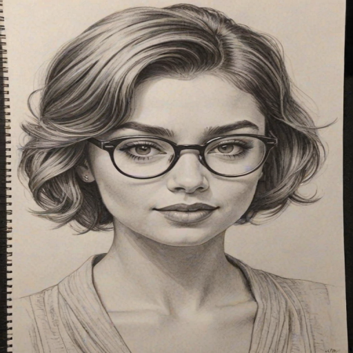 Pleasing Sarah Hyland, pencil sketch, portrait of Ravishing woman 1931s in glasses, hair style beatnik, outline, clear lines, fine lines, 8k