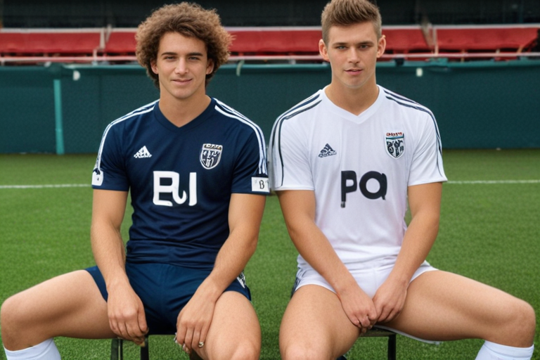 2 extremely hairy, hot footballers sitting with crotch visible touching legs, twink