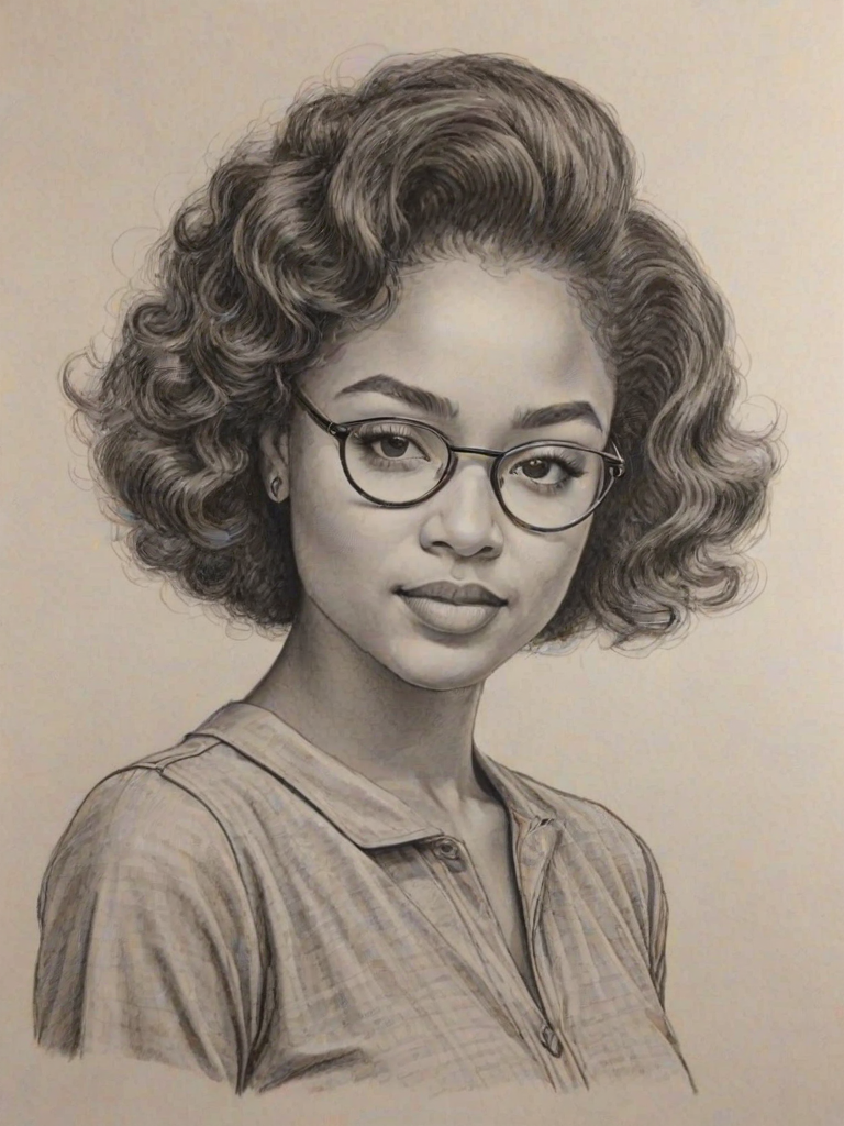 Gorgeous Aisha Dee, pencil sketch, portrait of Alluring woman 1961s in glasses, hair style beatnik, outline, clear lines, fine lines, 8k