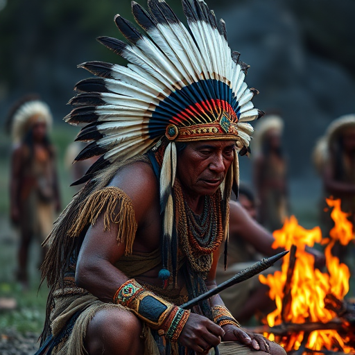 Create an image of a majestic native chief performing a ritual by a fire with intricate feathered headdress and traditional attire, captured with a Canon EOS-1D X Mark III at ISO 400, aperture f/5.6, 1/125 sec, in a wide-angle view with soft natural lighting for enhanced detail and texture.