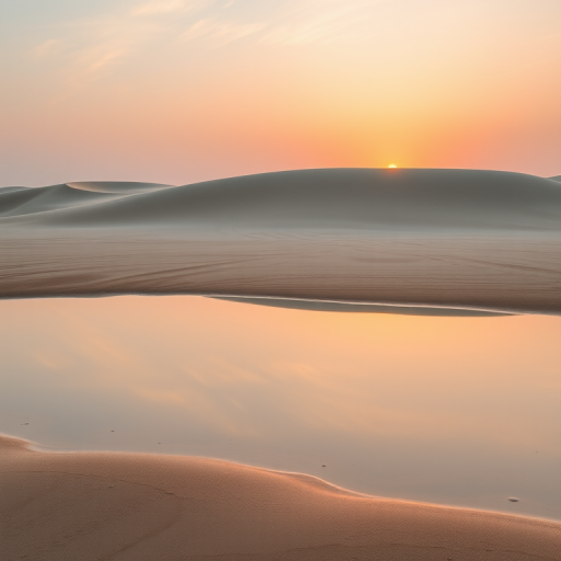 Generate a high-quality image of a serene beach landscape during sunset featuring gently sloping sand dunes reflecting in a calm tidal pool, shot with a Canon EOS 5D Mark IV, using a 24-70mm f/2.8 lens, aperture set to f/8, ISO 100, shutter speed 1/125 sec, 35mm view, and enhanced with soft, natural lighting.