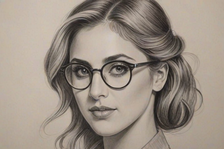 Comely Cassie Scerbo, pencil sketch, portrait of Superb woman 1928s in glasses, hair style beatnik, outline, clear lines, fine lines, 8k