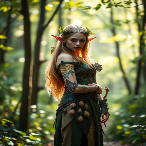 a mystical elf standing in a lush forest with ethereal lighting, wearing a detailed costume adorned with nature elements, soft focus background, ISO 100, f/2.8 aperture, 85mm lens, natural light, portrait orientation, DSLR camera