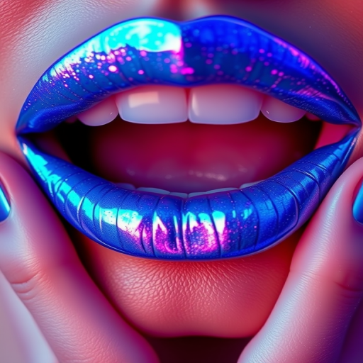 Electric blue holographic lips, titled "Cosmic Frost," showcase a mesmerizing color-shifting effect and a bold, avant-garde appearance