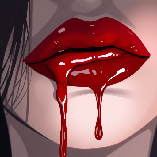 Generate an artistic illustration of luscious red lips with blood dripping down, using a 50mm lens at f/1.8, with soft diffused lighting and a high-resolution digital art style to enhance the image quality.