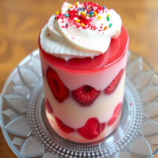 Create an image of a layered dessert featuring a glossy jelly base with raspberry pieces visible inside a clear layer, topped with smooth whipped cream, colorful sprinkles, and a dusting of red powder, all arranged on a decorative glass plate with a subtle textured design.
