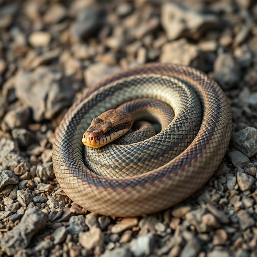 A close-up shot of a coiled rattlesnake resting on rocky ground, taken with a Canon EOS R5, 85mm lens, f/2.8 aperture, ISO 200, natural light to enhance texture and detail, shallow depth of field for a soft background blur.