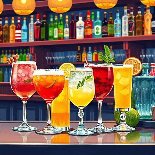 Create a vibrant illustration of various cocktails and drinks arranged on a bar counter with a focus on detail and texture, using a DSLR camera, 50mm lens, f/2.8 aperture, ISO 100, natural lighting to enhance color vibrancy and clarity.