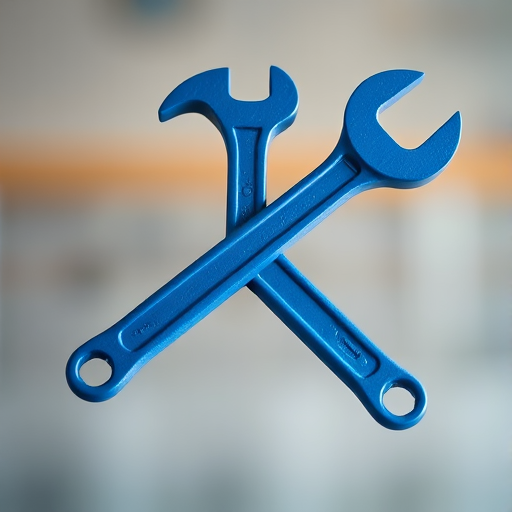 Generate an image of a blue hammer and wrench crossed over each other, using a DSLR camera with a 50mm lens, aperture set to f/1.8 for a shallow depth of field, with soft natural lighting and a slight vignette effect.