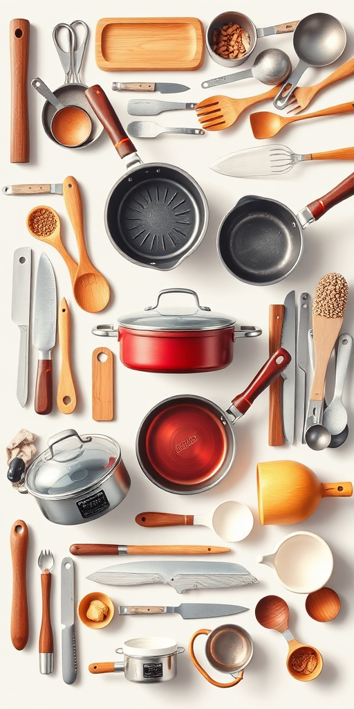 create a high-quality illustration of various kitchen utensils and cookware including pots, pans, knives, spoons, and measuring cups arranged artistically in a flat lay style, using a DSLR camera with a 50mm lens at f/2.8 aperture, ISO 100, and a resolution of 300 DPI for sharp details and vibrant colors