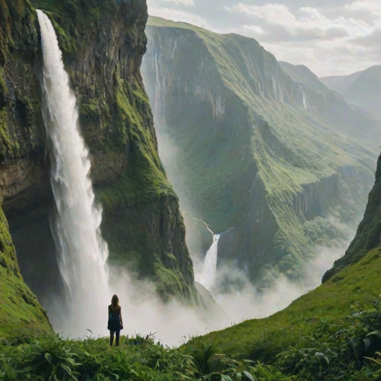 Lush green valley, surrounded by towering cliffs, with a woman standing at the edge of a waterfall, the mist rising around her as she takes in the view.