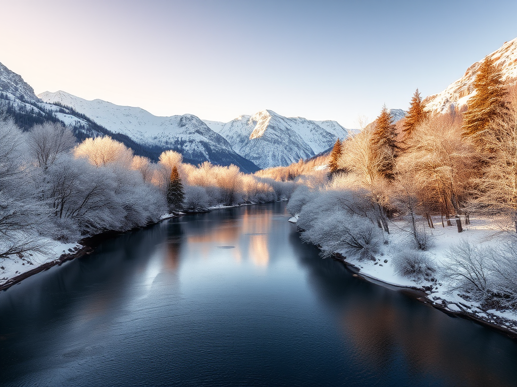 A picturesque winter landscape featuring snow-covered mountains in the background, a serene river with clear reflections, frosted trees lining the banks, and soft, warm sunlight illuminating the scene, captured with a DSLR camera at f/8 aperture, 1/125 shutter speed, 50mm lens, in a wide-angle view, HDR style, with vibrant colors and enhanced details.