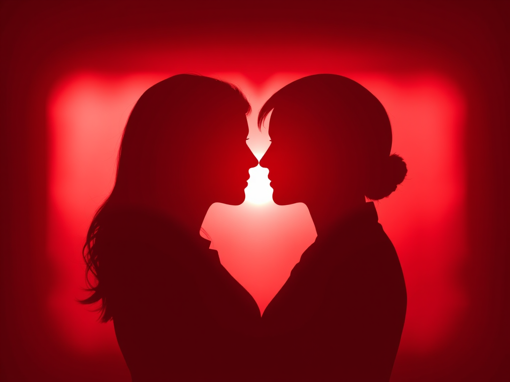 Generate an image of a red heart silhouette featuring two profiles facing each other at the center, with a soft focus lens effect, using a 50mm f/1.8 lens on a DSLR camera, aperture set to f/4, ISO 100, and a slight vignette for depth.