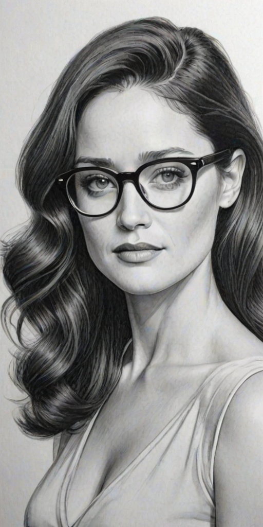 Splendid Robin Tunney, pencil sketch, portrait of Elegant woman 1952s in glasses, hair style beatnik, outline, clear lines, fine lines, 8k