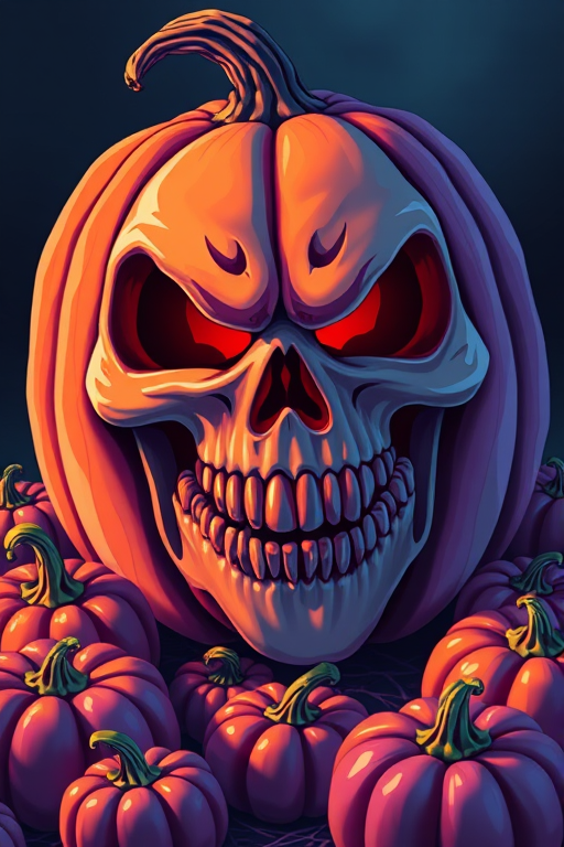 Create a vibrant illustration of a sinister pumpkin with a skull face and sharp teeth, surrounded by smaller purple pumpkins, use a Canon EOS R5, 50mm f/1.2 lens, aperture f/2.8, ISO 100, natural lighting, focus on high contrast and vivid colors.