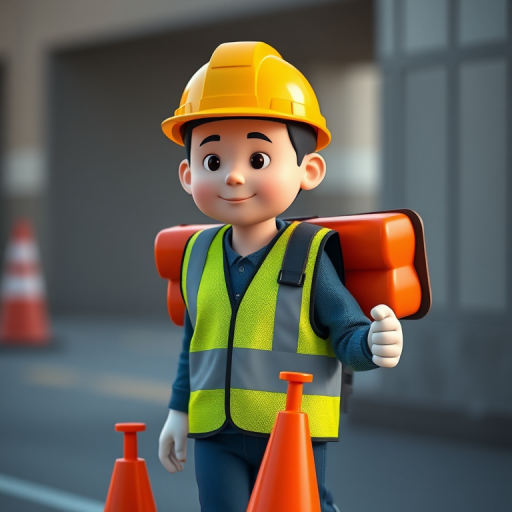 create an image of a 3D character wearing a yellow hard hat and a reflective green safety vest, carrying orange traffic cones while walking, shot with a DSLR camera at 50mm focal length, f/2.8 aperture, ISO 100, natural lighting, with a shallow depth of field for enhanced focus on the character