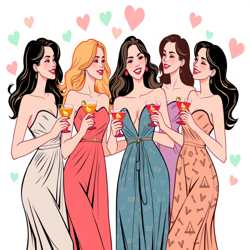 Create a vibrant illustration of four stylish women in elegant dresses, celebrating together with cocktails in hand, surrounded by pastel green and heart motifs, using a DSLR camera at f/2.8 aperture, ISO 100, 50mm lens, with soft focus on the background for enhanced depth and clarity.