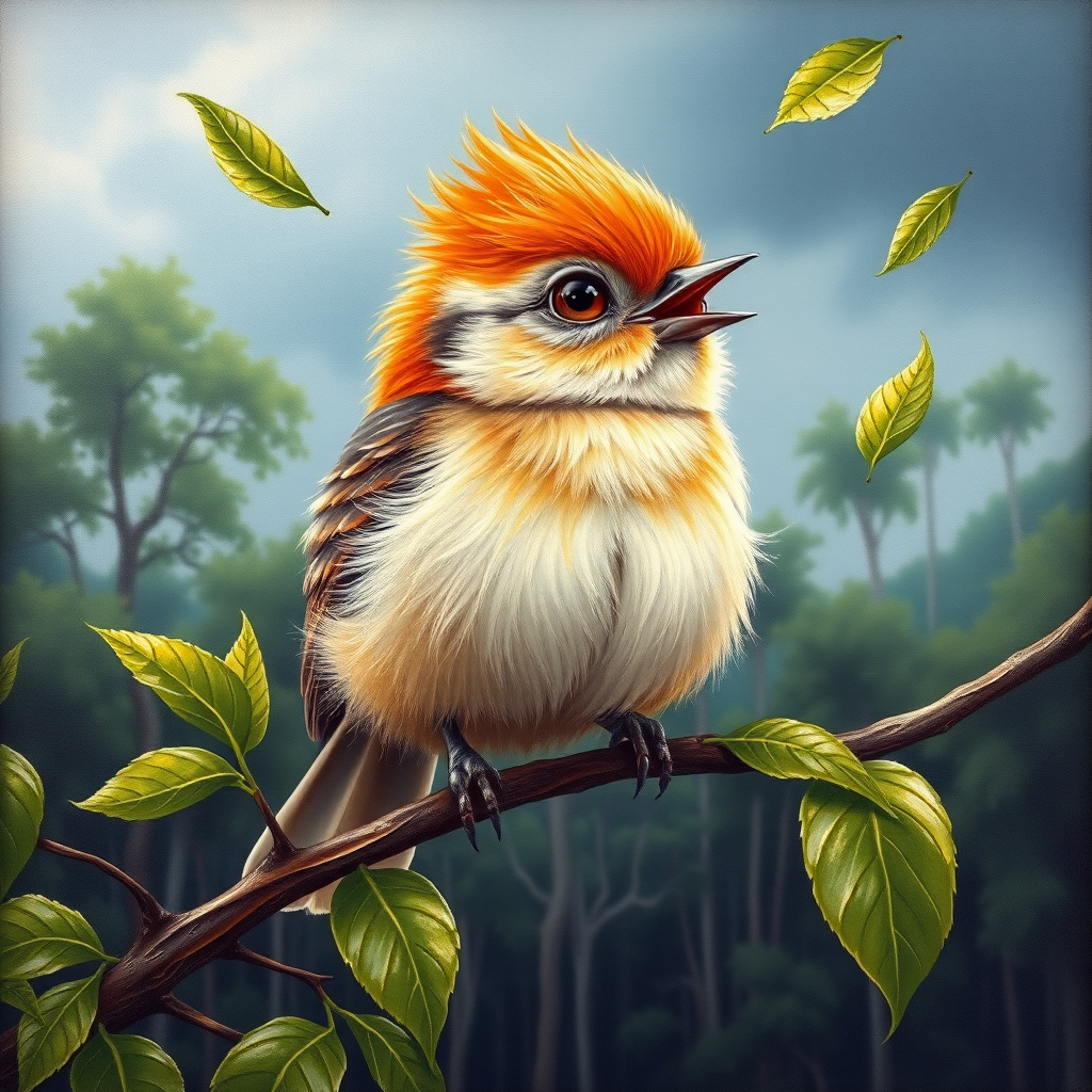 airbrushed oil painting,  a cute little bird, sitting on a branch with lush leaves, startled eyes, his feathers ruffled and blown up, leaves in the air, background bending trees in a forest, storm clouds