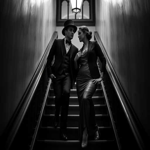 Create a high-resolution black and white image of a 1920s couple posed dramatically on a staircase, use a DSLR camera with a 50mm lens, aperture set to f/2.8 for a shallow depth of field, ISO 100 for low noise, and a slightly underexposed look for enhanced contrast.