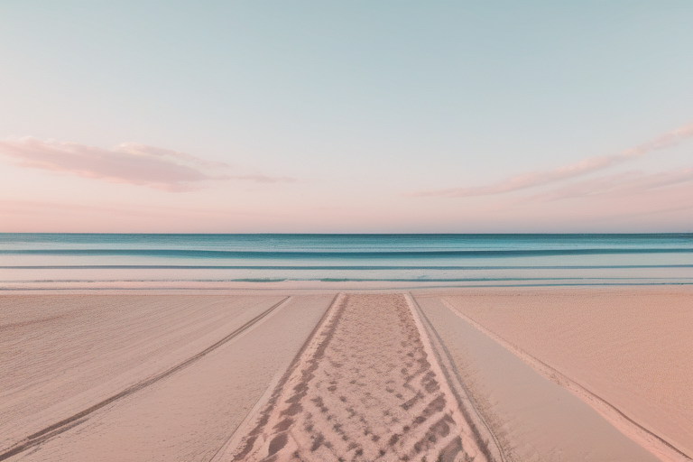 Tranquil Beach Scene at Sunrise with Gentle Waves and Soft Sand Patterns
