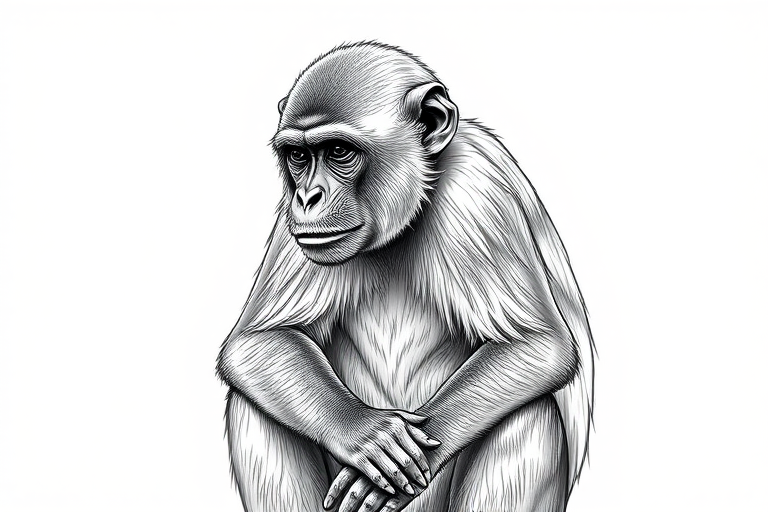 Create a highly detailed black and white illustration of a seated monkey, focusing on intricate line work and shading, with a DSLR camera using a 50mm lens at f/8, ISO 100, and a softbox lighting setup for even illumination.