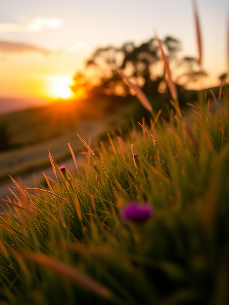 Capture a vibrant landscape scene during golden hour with a shallow depth of field, ISO 100, f/2.8, 1/200s, using a DSLR camera with a 50mm lens, shot from a low angle for dramatic perspective and rich colors.