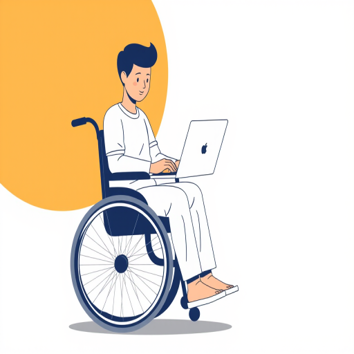 Create a high-resolution vector graphic of a person in a wheelchair using a laptop, with a clean and modern design, shot from a frontal view, using a digital illustration style, with a focus on simplicity and clarity, and ensuring high contrast for visual impact.