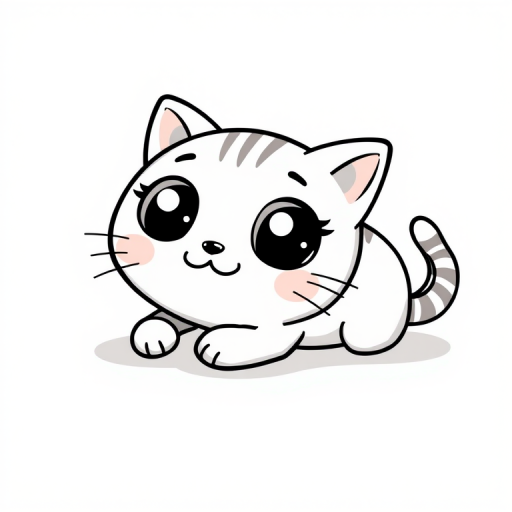 Create a cute cartoon cat lying on its stomach with large expressive eyes and a round body. The cat should have a striped tail and a playful expression, drawn in a simple black outline style on a textured light background.
