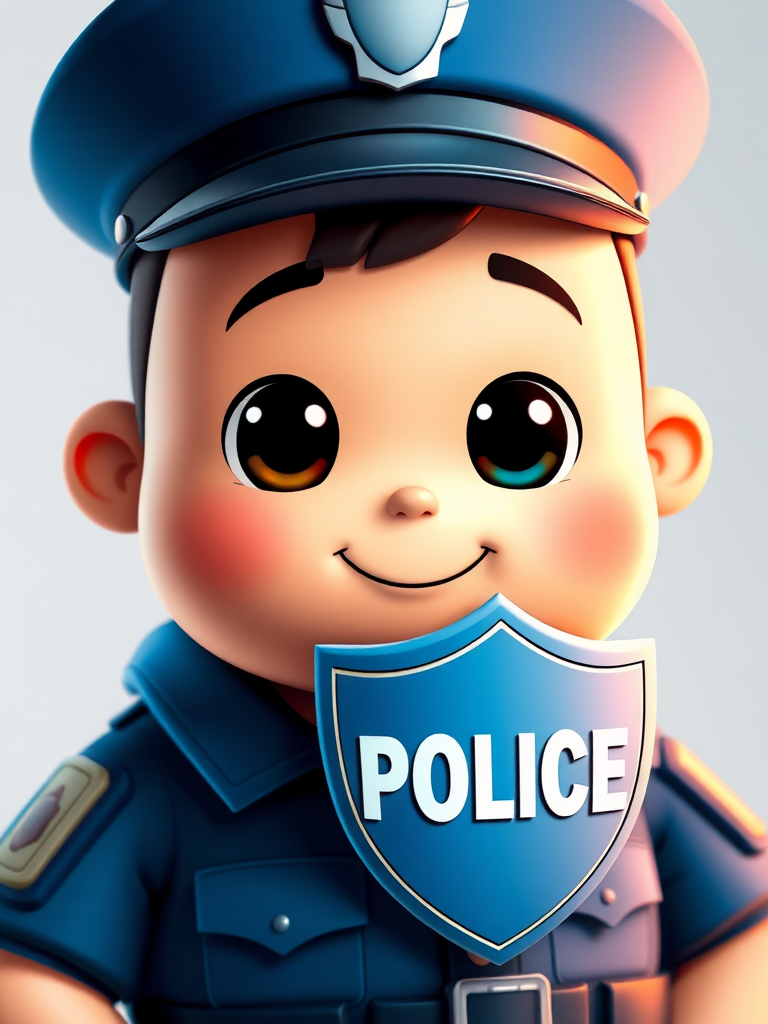 Create a cartoon character resembling a police officer with a blue hat and shield labeled "POLICE," using a vibrant color palette, with high contrast and smooth shading, shot with a DSLR camera at f/2.8, ISO 100, 50mm lens, in a close-up view with soft lighting for enhanced image quality.