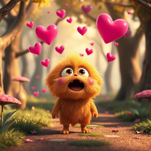 A fluffy orange creature with large eyes and a wide open mouth stands on a path in a whimsical forest, bright pink and red hearts float through the air, the creature has a surprised expression, the light is warm and soft, photorealistic, digital art, 3D style