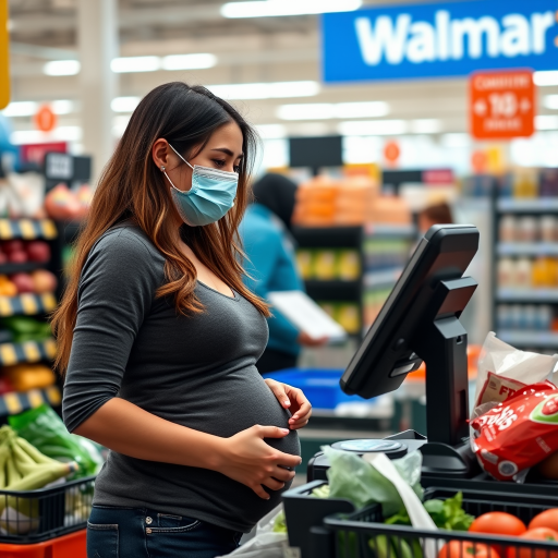 young pregnant woman as a walmart cashier ringing up someone's groceries she works there. shes wearing a surgical mask