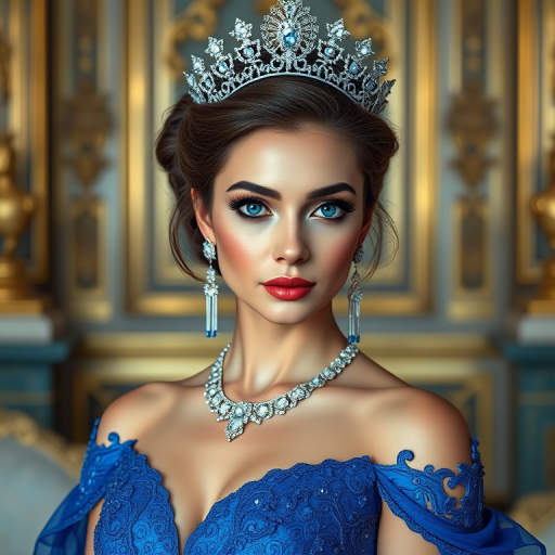 A gorgeous Georgian woman in a luxurious blue gown, accessorized with a dazzling tiara and statement earrings, her deep blue eyes highlighted by impeccable makeup, poised in a royal setting, photorealistic, 8K quality