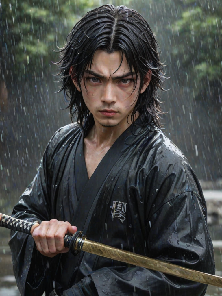 solo, long hair, looking at viewer, bangs, blue eyes, black hair, long sleeves, 1boy, hair between eyes, closed mouth, jacket, upper body, weapon, male focus, japanese clothes, sword, signature, water, lips, black jacket, wet, katana, messy hair, rain, realistic, wet hair, haori, demon slayer uniform, tomioka giyuu