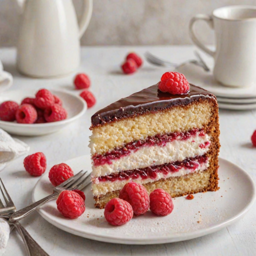 Create an image of a slice of cake on a white plate. The cake should have multiple layers with a light sponge texture, filled with raspberry jam and frosted with a smooth white icing. Include a fork beside the plate and some fresh raspberries in the background. The setting should be bright and inviting.