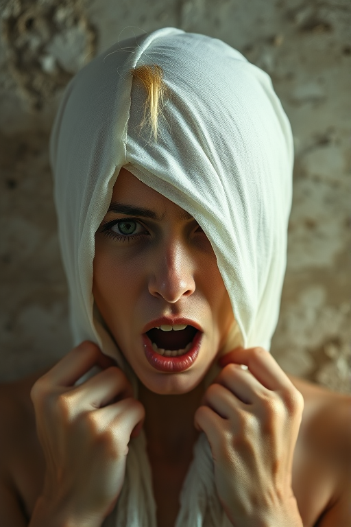 Create a close-up photographic image of a Romani woman with light skin tones shown against an old, worn wall. Their head is wrapped in a white cloth covering (i.e.... parts of the head except the nose and mouth, which are open as if they are screaming...), with a slight texture and visible folds in the fabric. Thin strands of blonde hair escape from the wrapping above, falling lightly at the top and sides. Their hands hold the fabric as if they are tugging nervously. The lighting is dramatic and even, casting strong shadows. The image has a minimalist and surreal style with an emphasis on simplicity with soft color tones. The composition is centered.