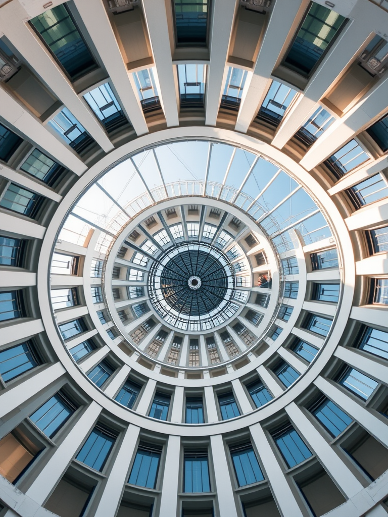 Create a high-resolution image of a modern circular tower viewed from above with intricate architectural details, using a DSLR camera at f/8 aperture, ISO 100, 24mm lens, and a drone perspective to capture a clear and vibrant shot with sharp focus throughout the structure.