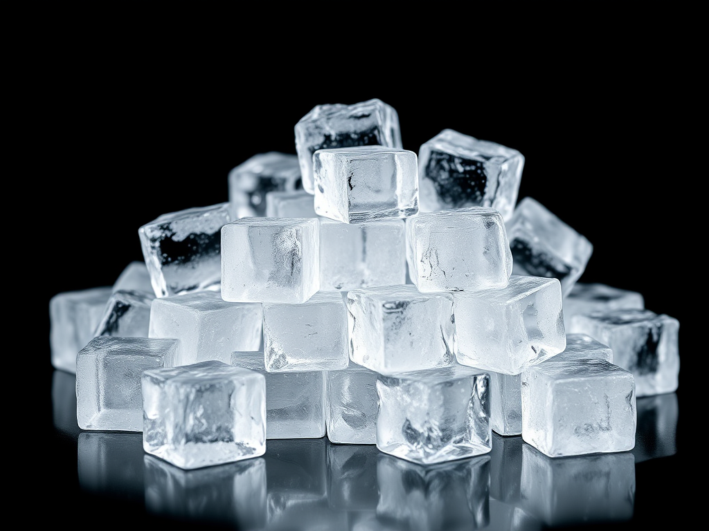 Create a high-resolution image of a pile of clear ice cubes on a black background, using a DSLR camera with a 50mm lens, aperture set to f/2.8, ISO 100, and a shallow depth of field to emphasize the texture of the ice.