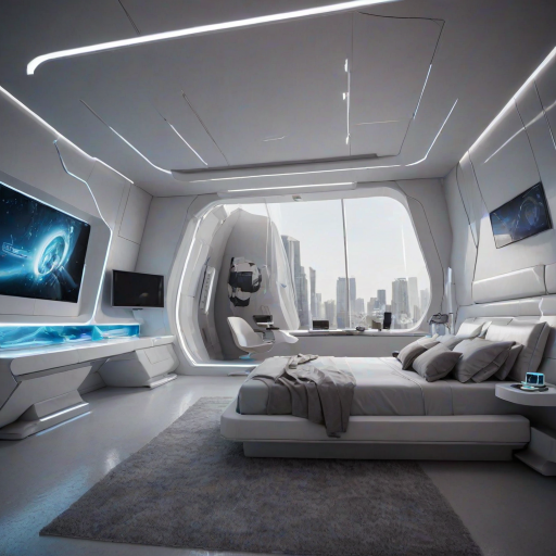 bed, bedroom, futuristic, dynamic angle,