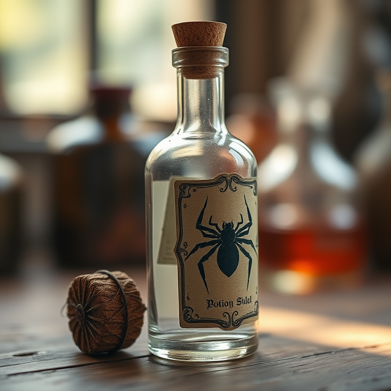 Create a high-resolution image of a vintage potion bottle with a textured cork, clear glass, and a label featuring a spider motif, captured in natural light with a shallow depth of field using a DSLR camera, 50mm lens, f/2.8 aperture, ISO 100, and soft focus background.