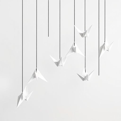 Create a high-resolution image of white origami cranes suspended from black strings against a transparent background, using a DSLR camera with an aperture of f/2.8, ISO 100, and a 50mm lens, top-down view for maximum detail and clarity.