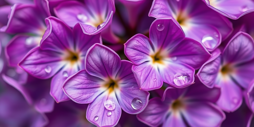 Capture a close-up of vibrant lilac flowers with glistening water droplets, using a macro lens, aperture set to f/2.8 for a shallow depth of field, ISO 400 for enhanced detail, and natural soft daylight to bring out colors and textures.