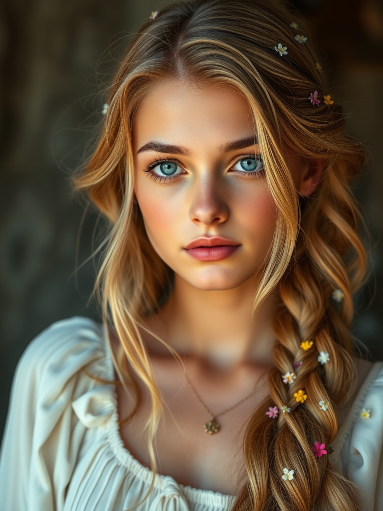 Create an image of a young Turkish woman with long, wavy blonde hair, adorned with small, colorful flowers woven into her braids and loose strands. Her complexion is fair, with soft, glowing skin, and she has light blue eyes that gaze softly at the viewer. She wears a light, flowing dress with a gentle, ethereal quality, complementing her delicate and serene appearance. The background is slightly blurred, drawing focus to her tranquil expression and the intricate details of the flowers in her hair. The overall mood of the image is one of natural beauty and grace, evoking a sense of peacefulness and connection with nature.