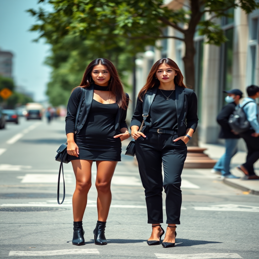 Generate an image of two women in stylish black outfits standing on a city street, captured in bright daylight with a shallow depth of field, using a DSLR camera at f/2.8, ISO 100, 1/500 sec, 50mm lens, angled slightly from above to highlight their expressions and outfits.
