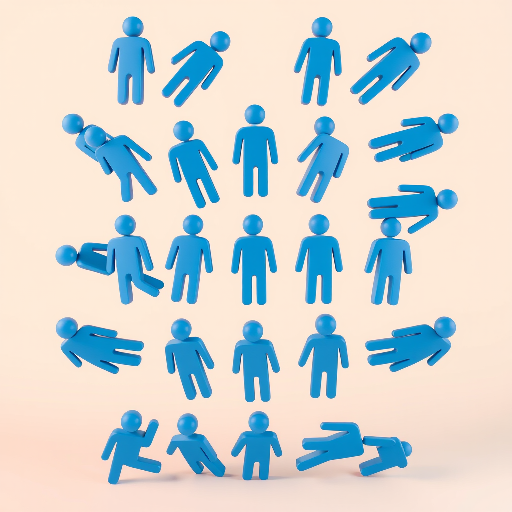 Create a 3D illustration of stylized blue human figures arranged in a dynamic pattern with a soft gradient background, using a DSLR camera with a 50mm lens, aperture set at f/2.8, ISO 100, and a 100mm focal length to enhance depth of field and clarity.