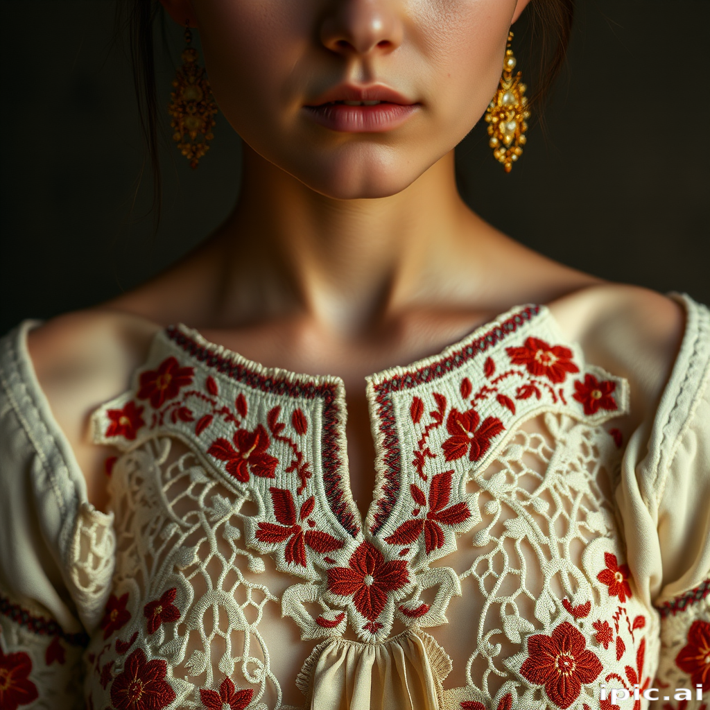Face, shoulders, chest covered in openwork Ukrainian embroidery. Raw, unedited image.