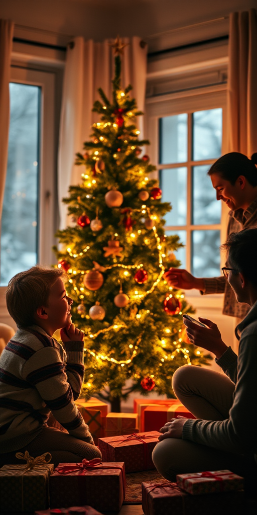 Warmly lit image of a family decorating a Christmas tree, soft glow from the string lights casting a warm hue on the room, laughter and conversation filling the air, presents scattered around the tree, a soft snowfall visible outside the window.