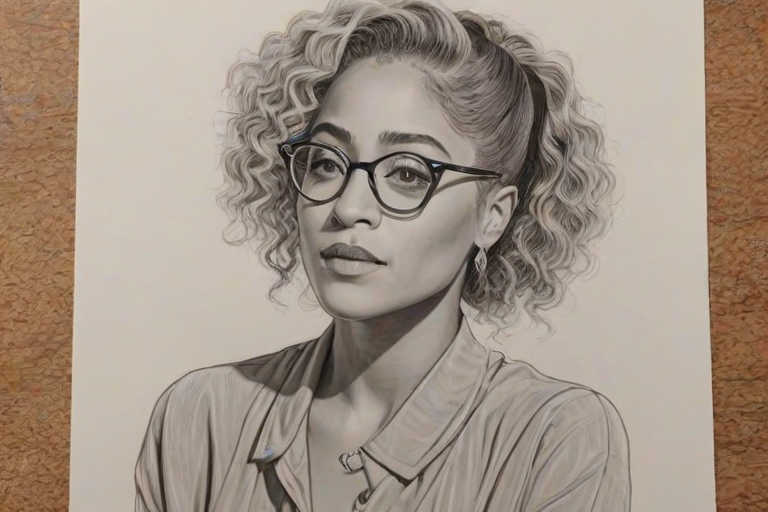 Exquisite Amanda Seales, pencil sketch, portrait of Fetching woman 1934s in glasses, hair style beatnik, outline, clear lines, fine lines, 8k
